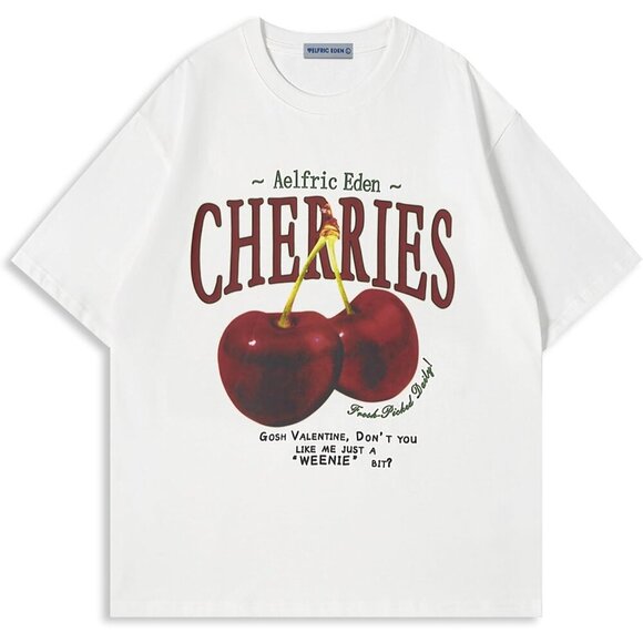 Oversized Cotton Graphic Tee Unisex Cherry Print Summer Casual Top